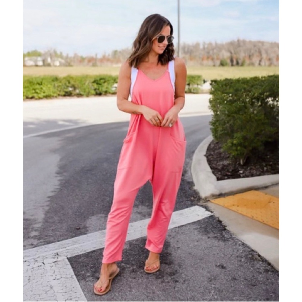 Double Take Harem Jumpsuit Women 2XL Coral Pink Excellent Adjustable Straps Boho